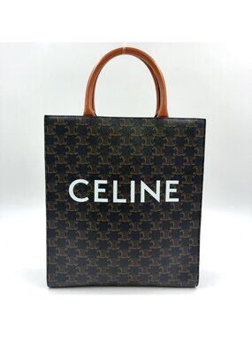 Celine Vertical Cabas Triomphe Small Shoulder Bag Leather Brown White Gold